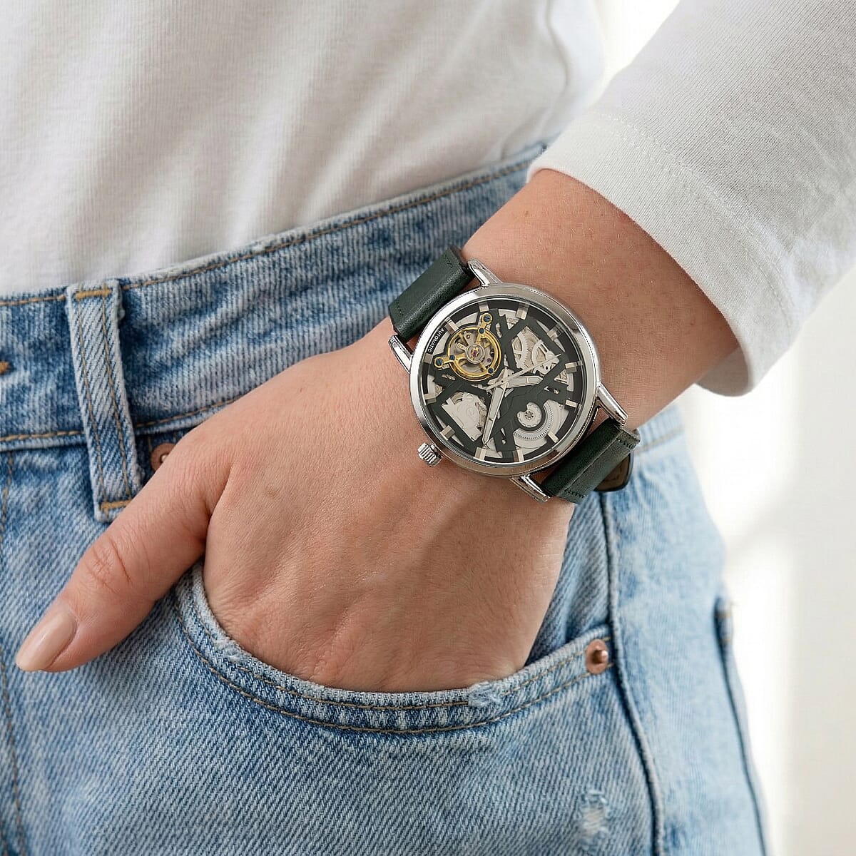 EON 1962 Automatic Mechanical Movement Green Dial Watch in Silvertone image number 2