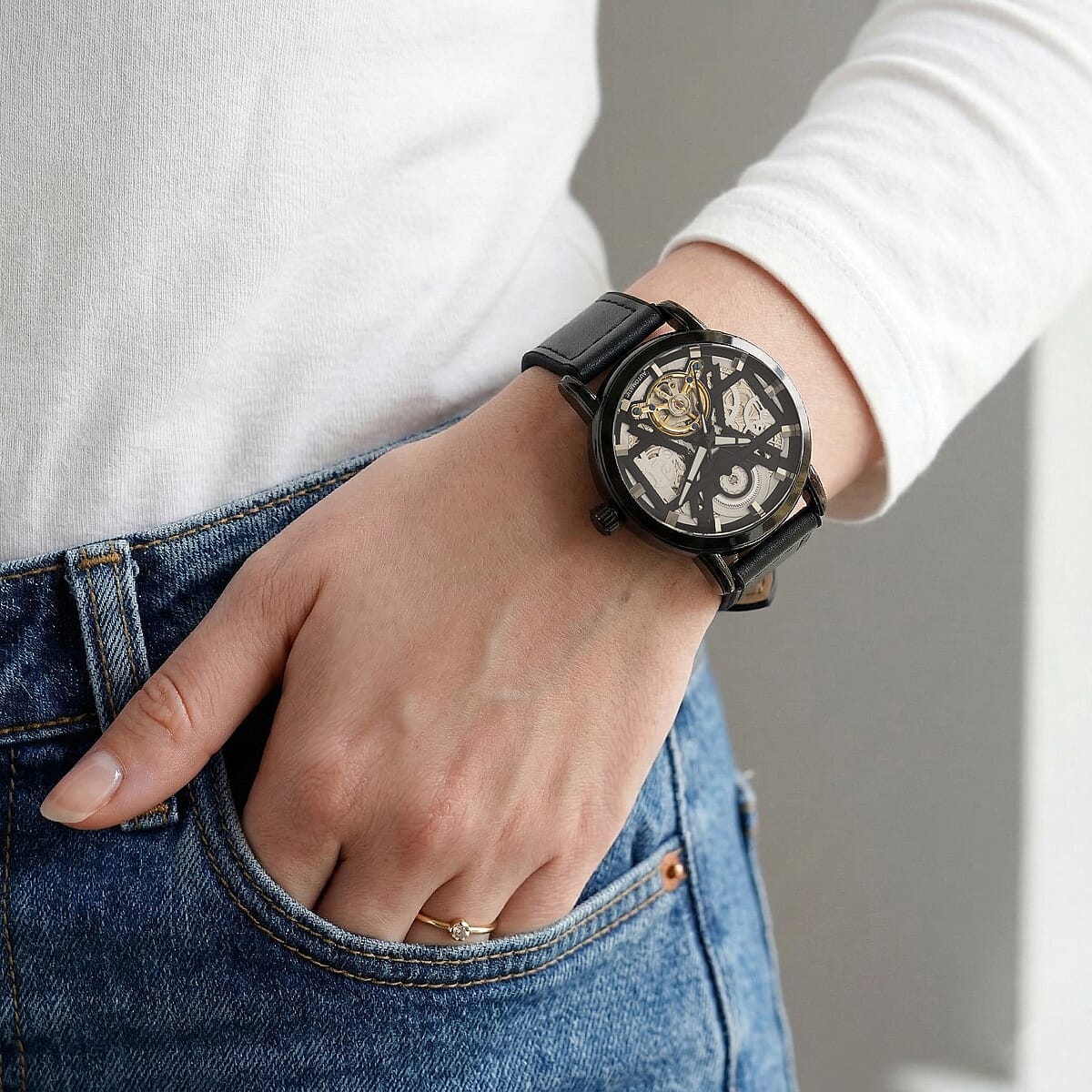 EON 1962 Automatic Mechanical Movement Black Dial Watch in Black Silvertone image number 2