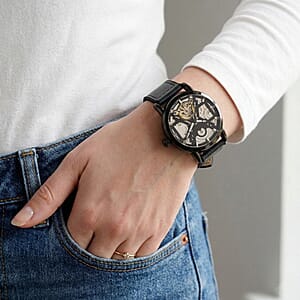 EON 1962 Automatic Mechanical Movement Black Dial Watch in Black Silvertone