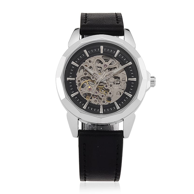 Genoa Automatic Mechanical Movement Watch in Silvertone with Black Leather Strap