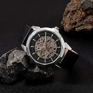 Genoa Automatic Mechanical Movement Watch in Silvertone with Black Leather Strap