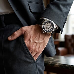 Genoa Automatic Mechanical Movement Watch in Silvertone with Black Leather Strap
