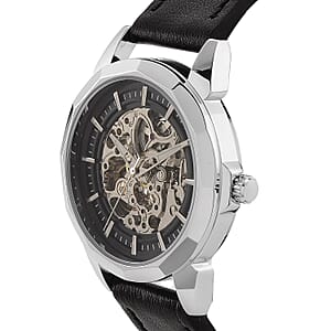 Genoa Automatic Mechanical Movement Watch in Silvertone with Black Leather Strap
