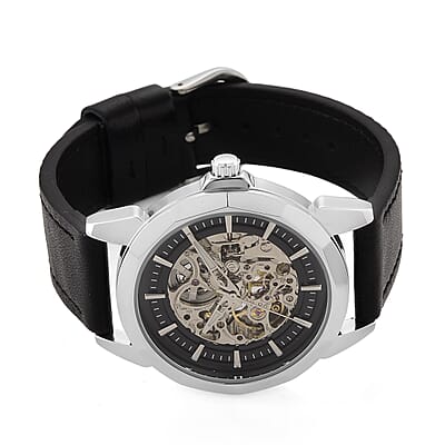 Genoa Automatic Mechanical Movement Watch in Silvertone with Black Leather Strap