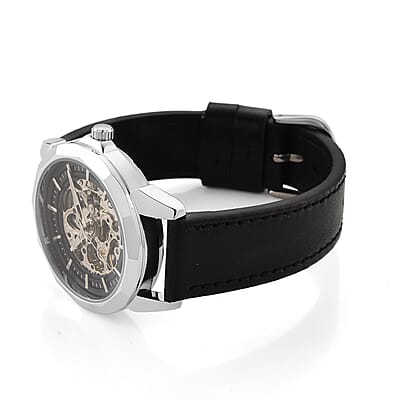 Genoa Automatic Mechanical Movement Watch in Silvertone with Black Leather Strap