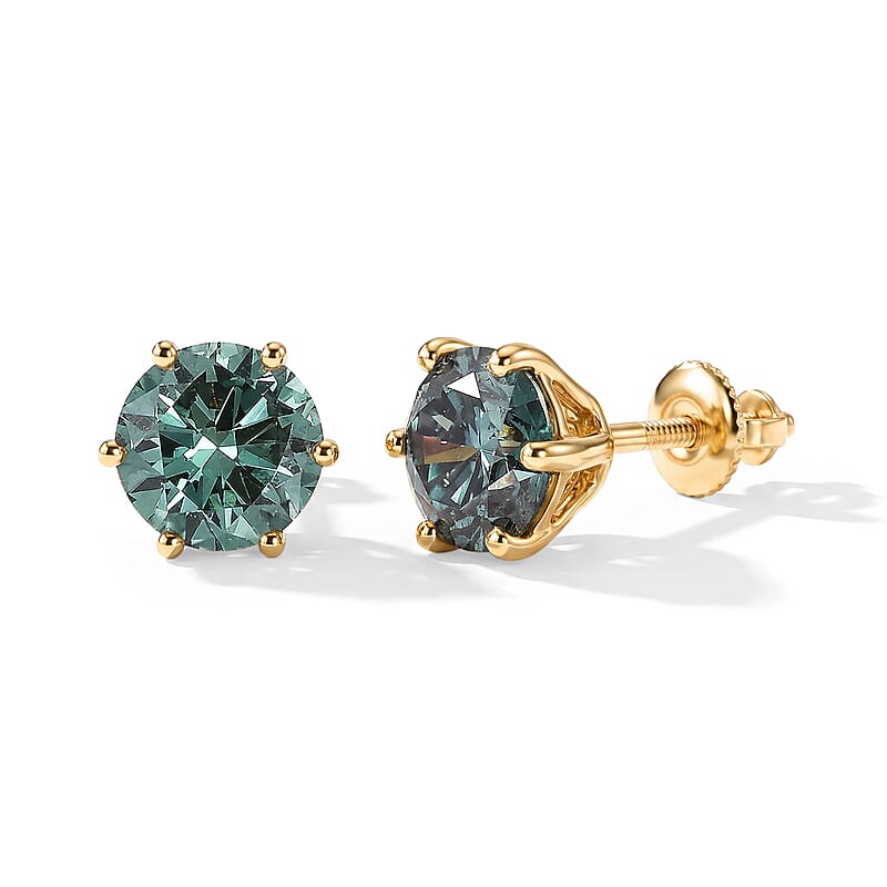 Luxuriant Lab Grown Green Diamond (IR) (SI) 2.00 ctw Timeless Promise Stud Earrings in 10K Yellow Gold