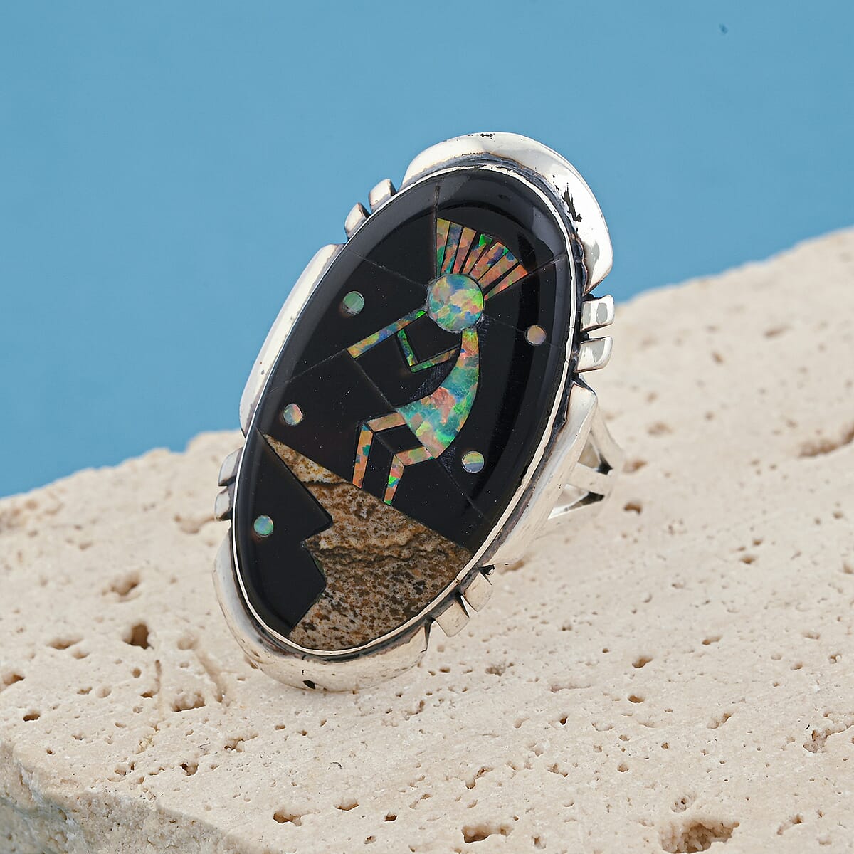 Santa Fe Style Black Onyx and Multi Gemstone 12.50 ctw Kokopelli Ring in Sterling Silver (Size 6.0) image number 1