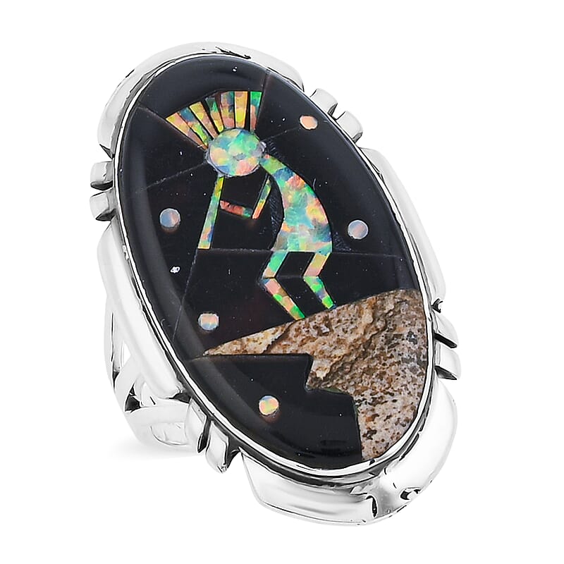 Santa Fe Style Black Onyx and Multi Gemstone 12.50 ctw Kokopelli Ring in Sterling Silver (Size 8.0)
