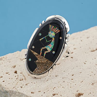 Santa Fe Style Black Onyx and Multi Gemstone 12.50 ctw Kokopelli Ring in Sterling Silver (Size 8.0)