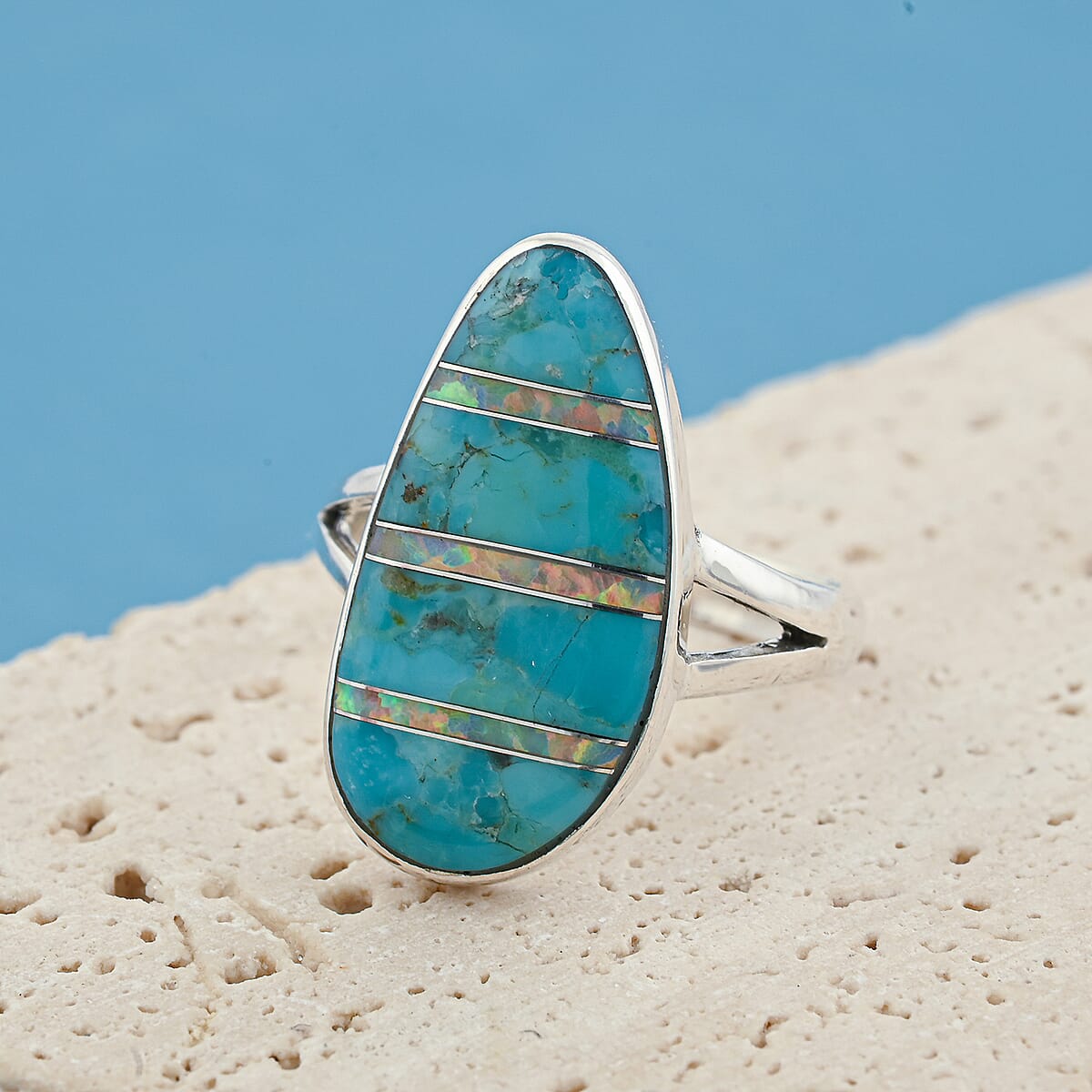 Santa Fe Style Kingman Turquoise and Opal 5.50 ctw Ring in Sterling Silver (Size 10.0) image number 1