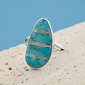 Santa Fe Style Kingman Turquoise and Opal 5.50 ctw Ring in Sterling Silver (Size 10.0)