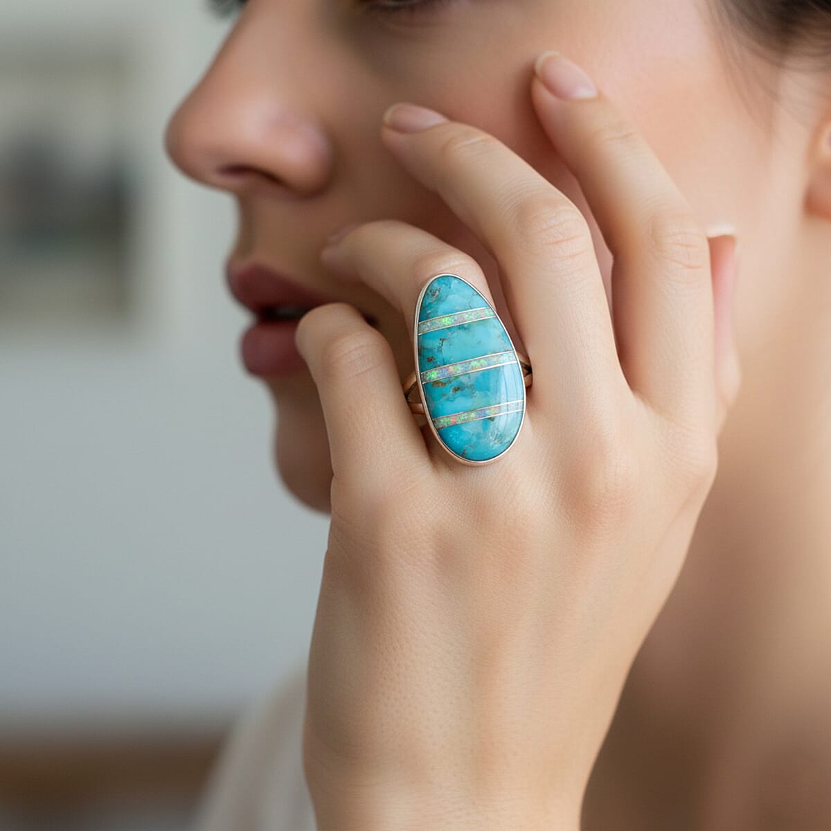 Santa Fe Style Kingman Turquoise and Opal 5.50 ctw Ring in Sterling Silver (Size 10.0) image number 2