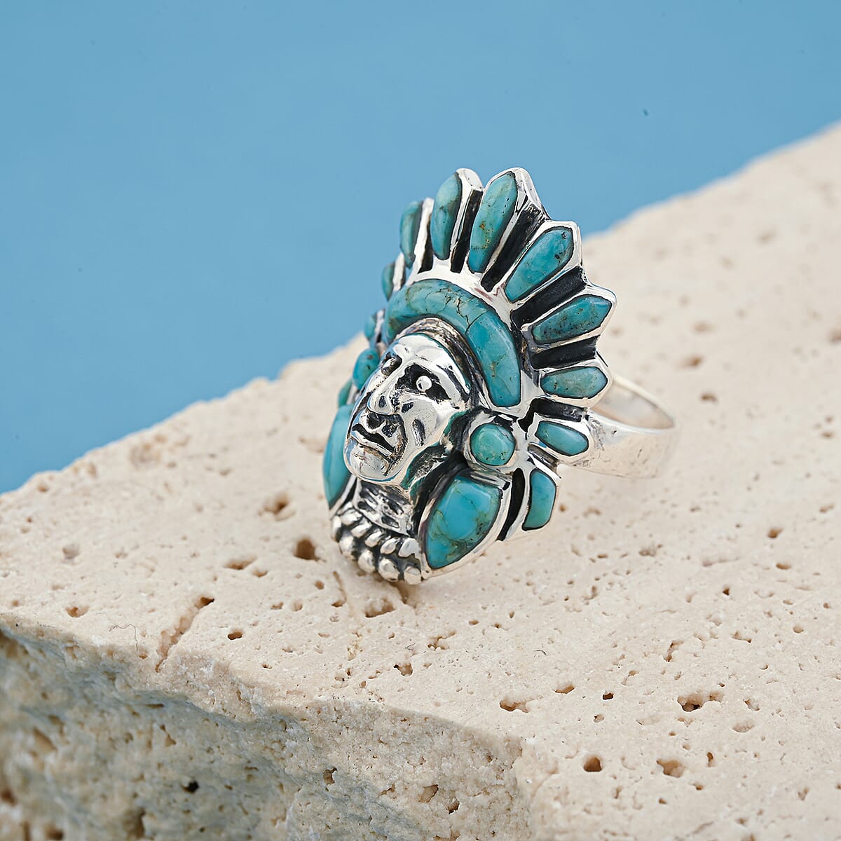 Santa Fe Style Kingman Turquoise 16.00 ctw Ring in Sterling Silver (Size 6.0) image number 1