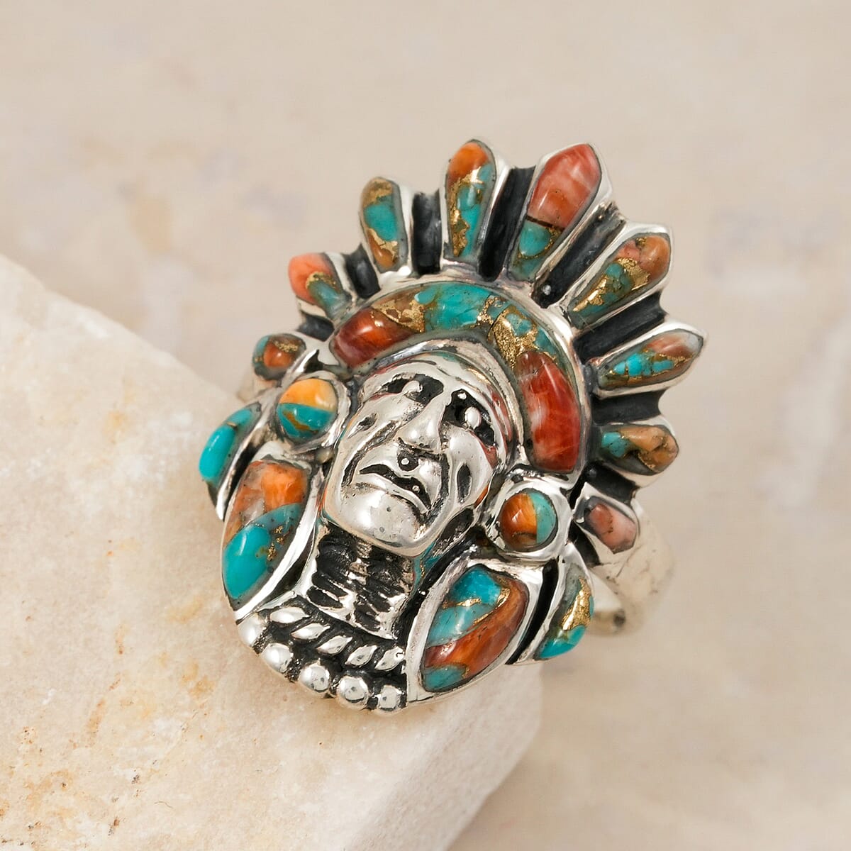 Santa Fe Style Spiny Turquoise 16.00 ctw Ring in Sterling Silver (Size 7.0) image number 1