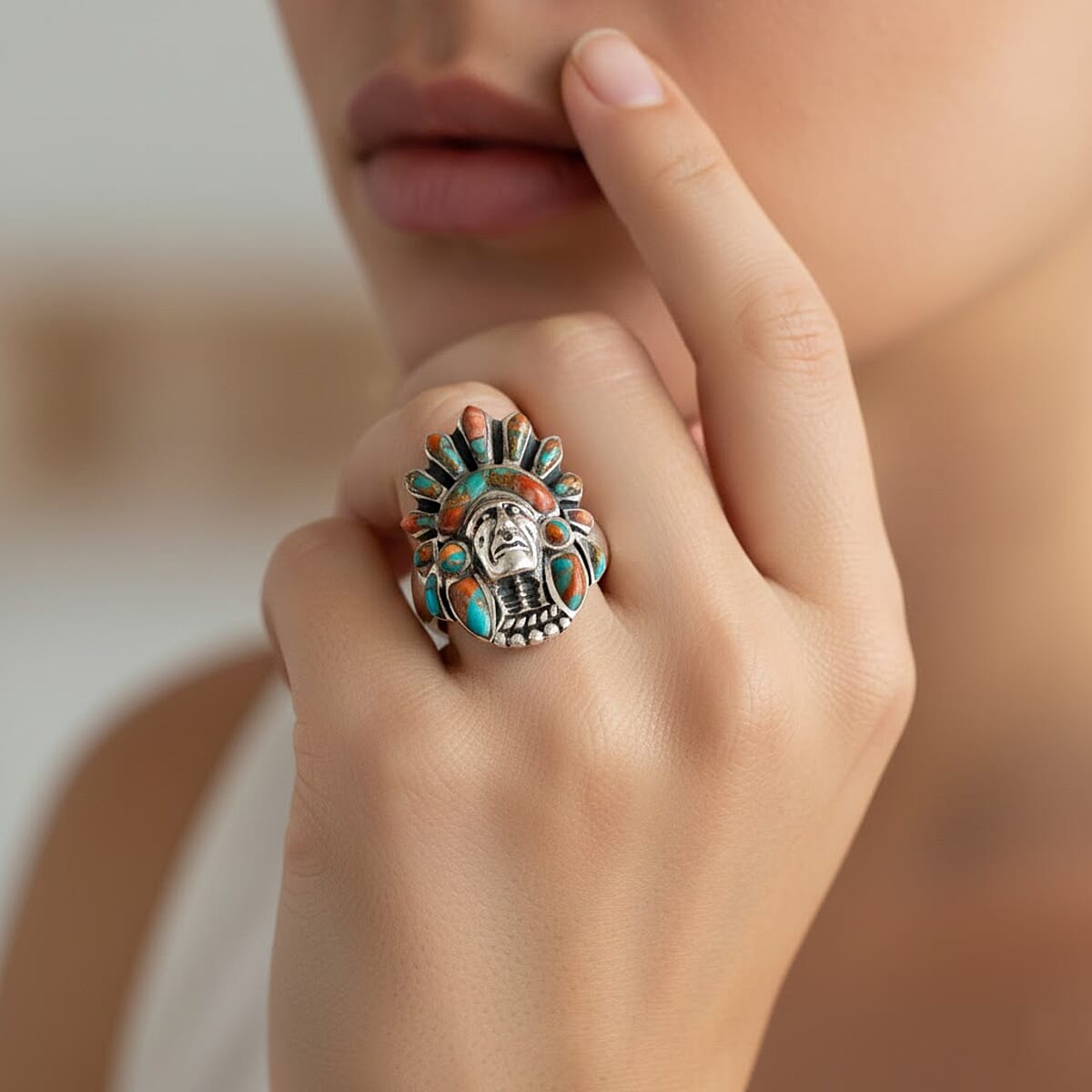 Santa Fe Style Spiny Turquoise 16.00 ctw Ring in Sterling Silver (Size 7.0) image number 2
