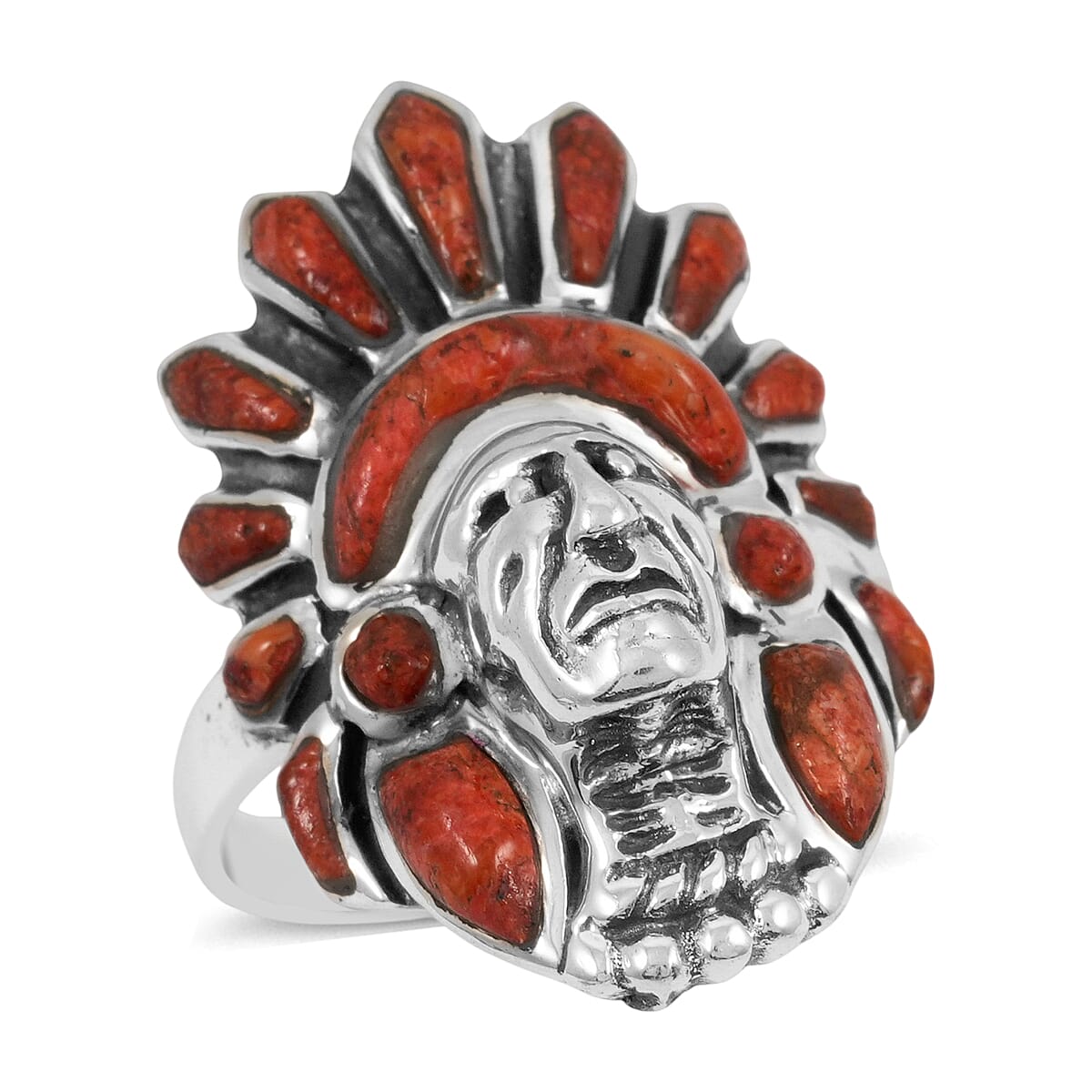 Santa Fe Style Red Coral Ring in Sterling Silver (Size 10.0) image number 0