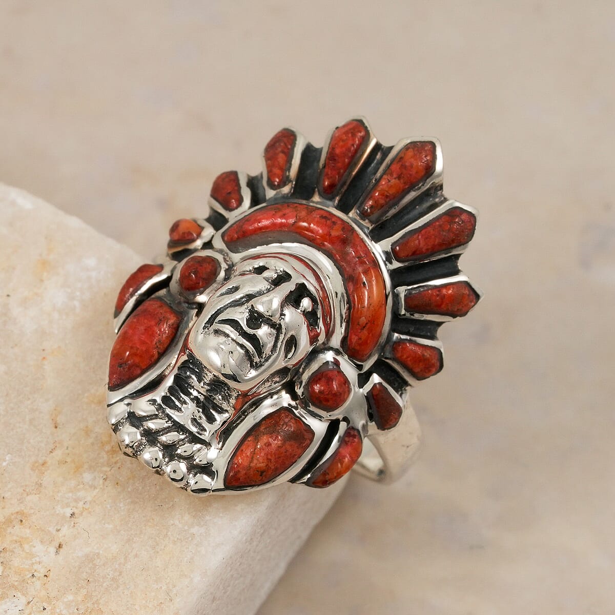 Santa Fe Style Red Coral Ring in Sterling Silver (Size 10.0) image number 1
