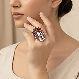 Santa Fe Style Red Coral Ring in Sterling Silver (Size 7.0)