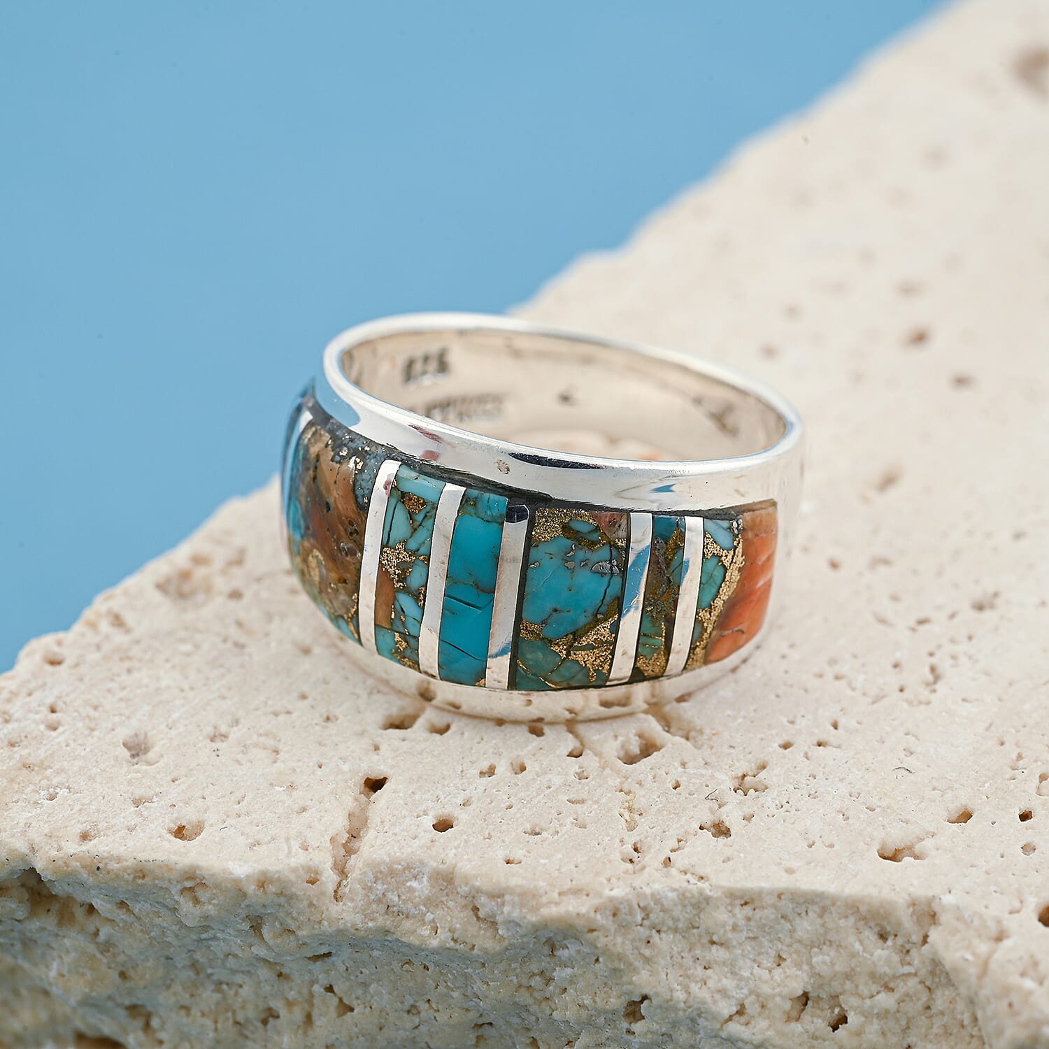 Santa Fe Style Spiny Turquoise 8.00 ctw Ring in Sterling Silver (Size 7.0) 