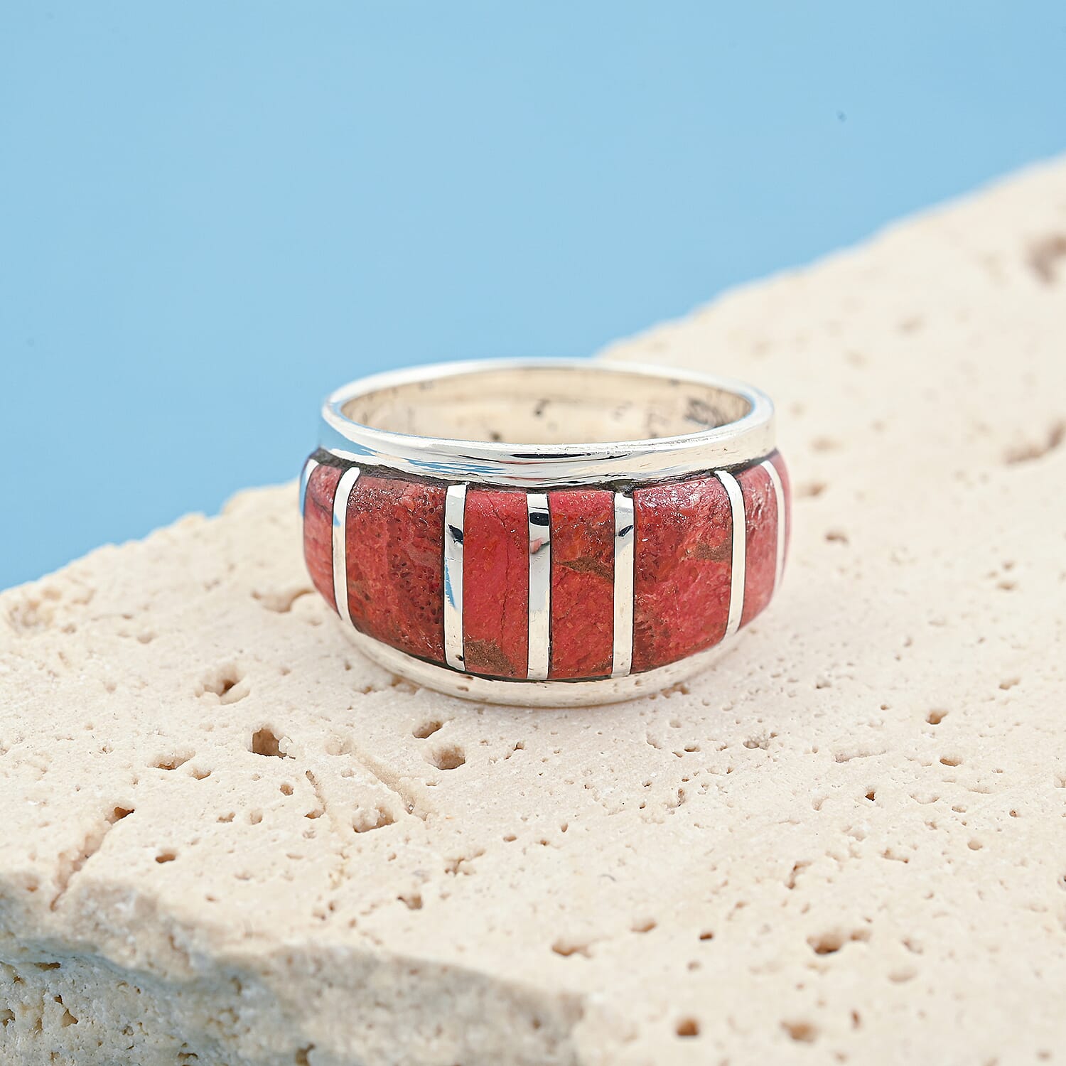 Santa Fe Style Red Coral Ring in Sterling Silver (Size 10.0)