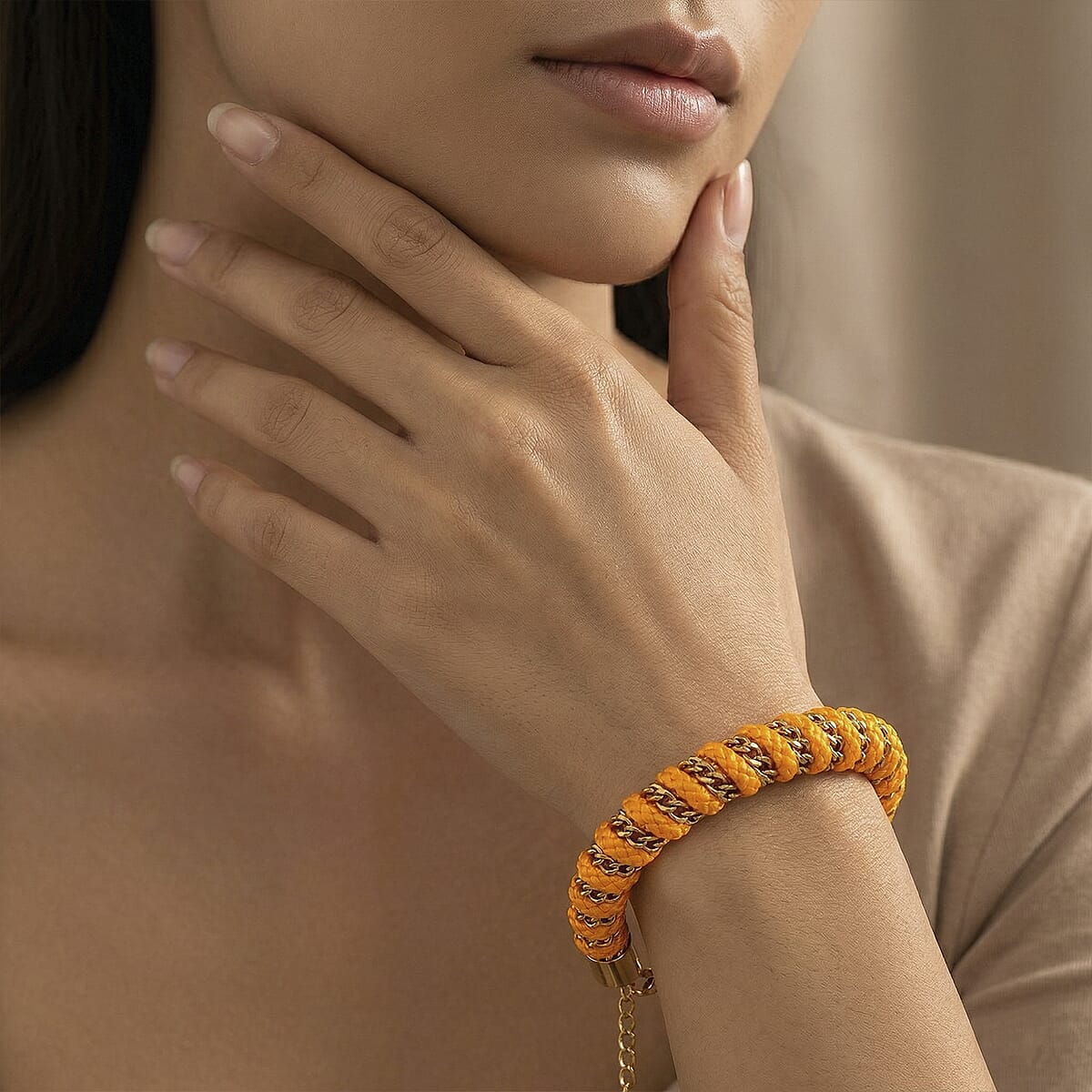 Golden Color Cord Bracelet in ION Plated YG Stainless Steel (8-10In) image number 2