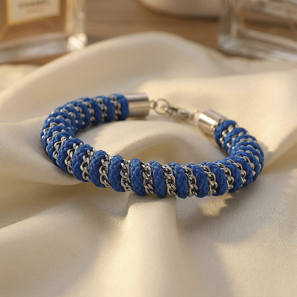 Blue Color Cord Bracelet in Stainless Steel (8-10In) image number 1