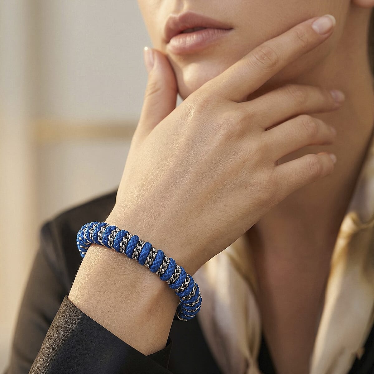 Blue Color Cord Bracelet in Stainless Steel (8-10In) image number 2