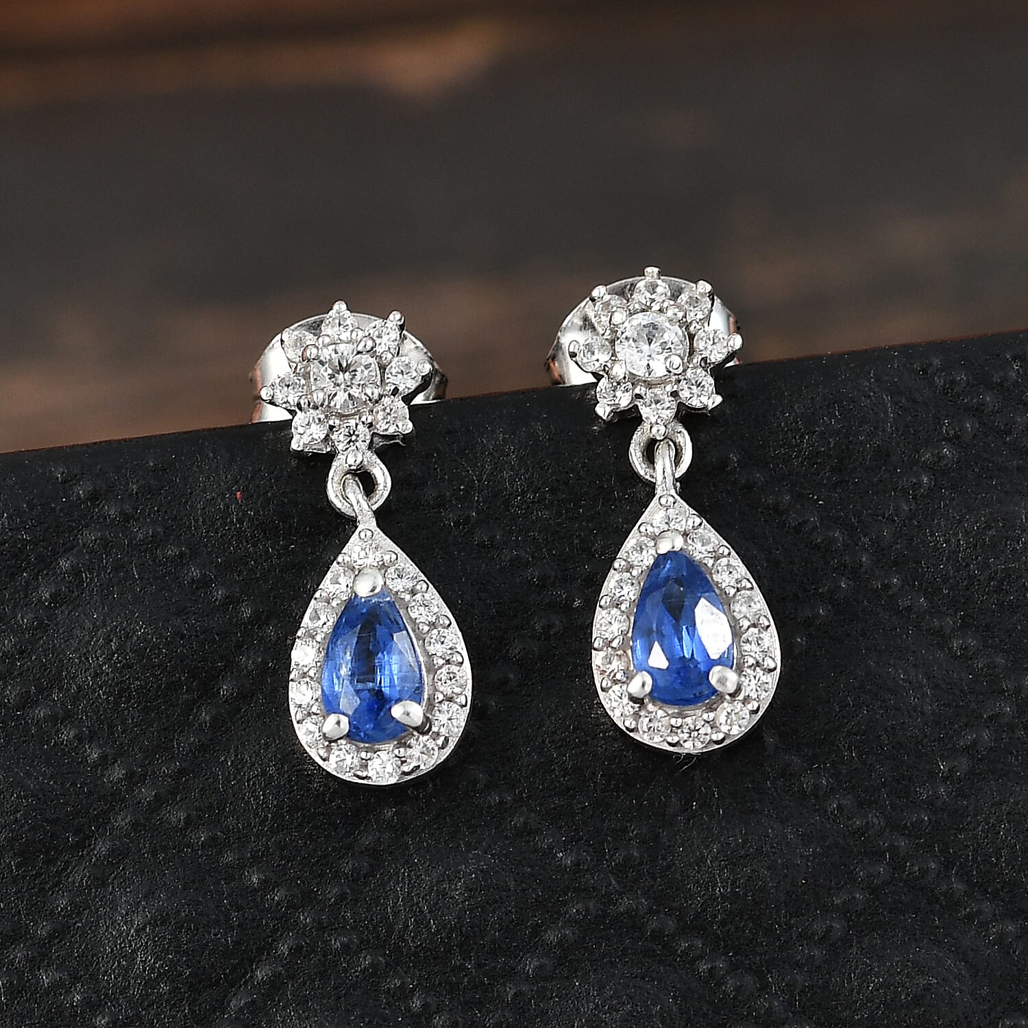 D'Joy AAA Kashmir Kyanite and White Zircon 1.10 ctw Dangling Earrings in Rhodium Over Sterling Silver