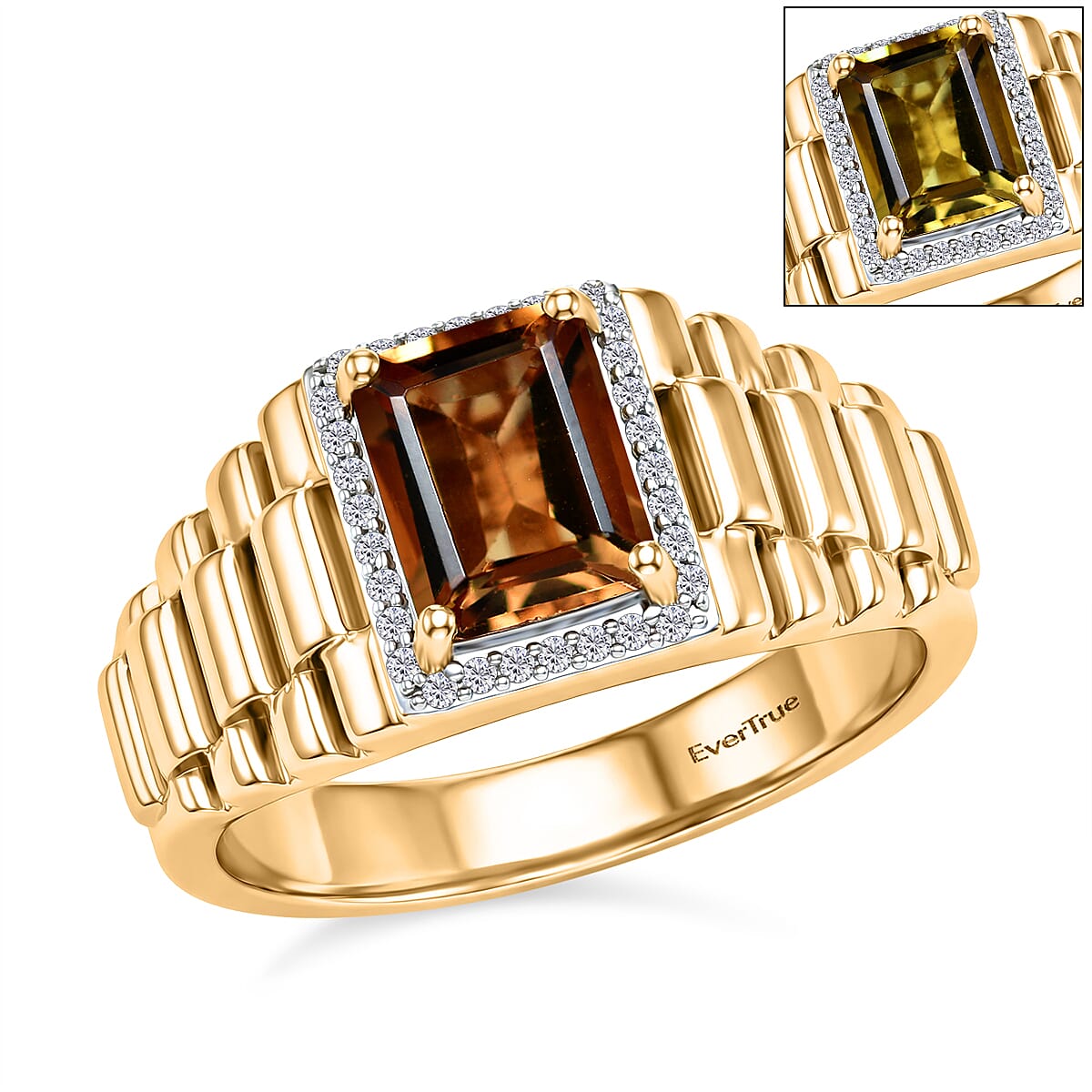 EverTrue Autumn Alexite and White Zircon 2.65 ctw Men's Ring in 18K YG Plated (Size 10.0)