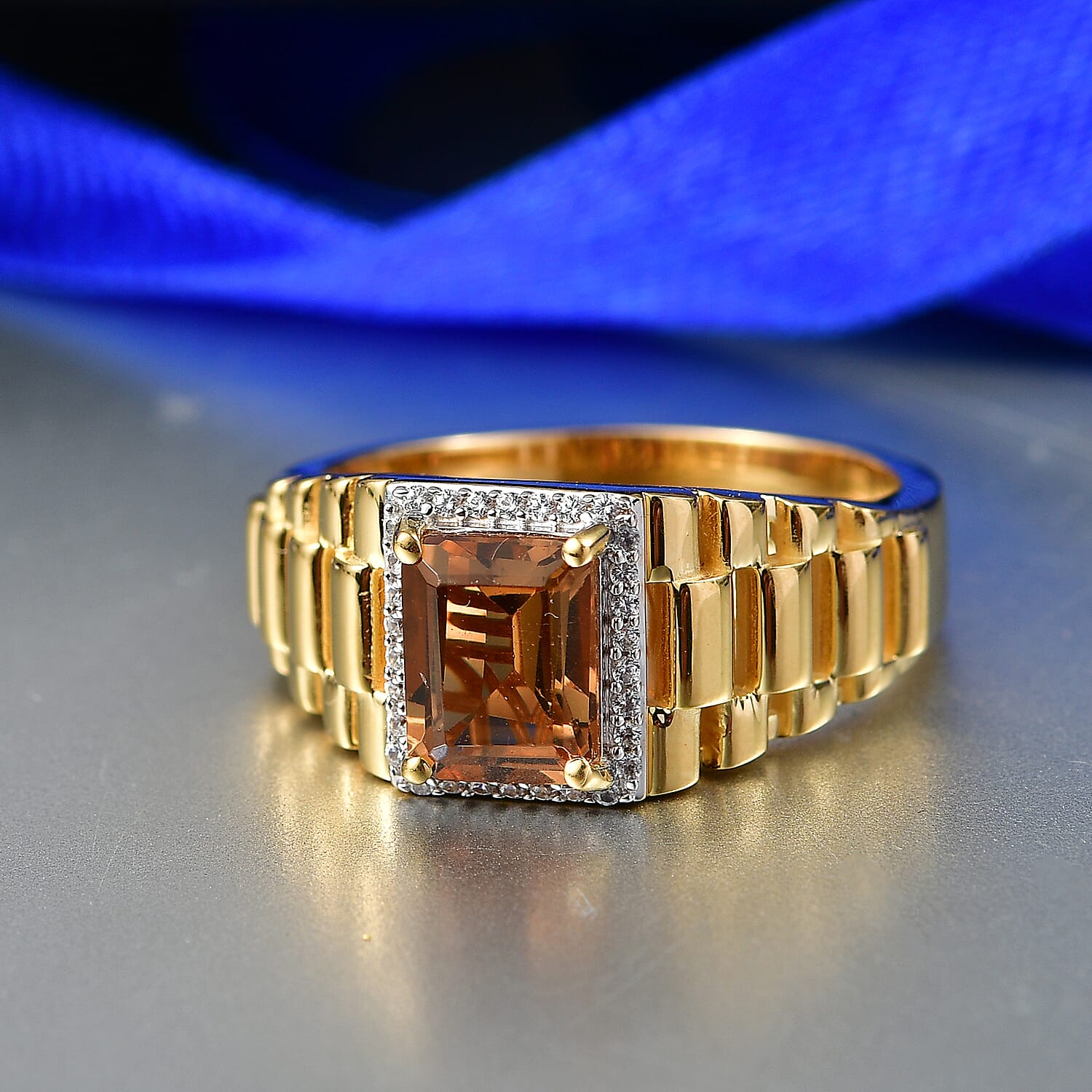 EverTrue Autumn Alexite, White Zircon Men's Ring in 18K YG Plated (Size 10.0) 2.65 ctw