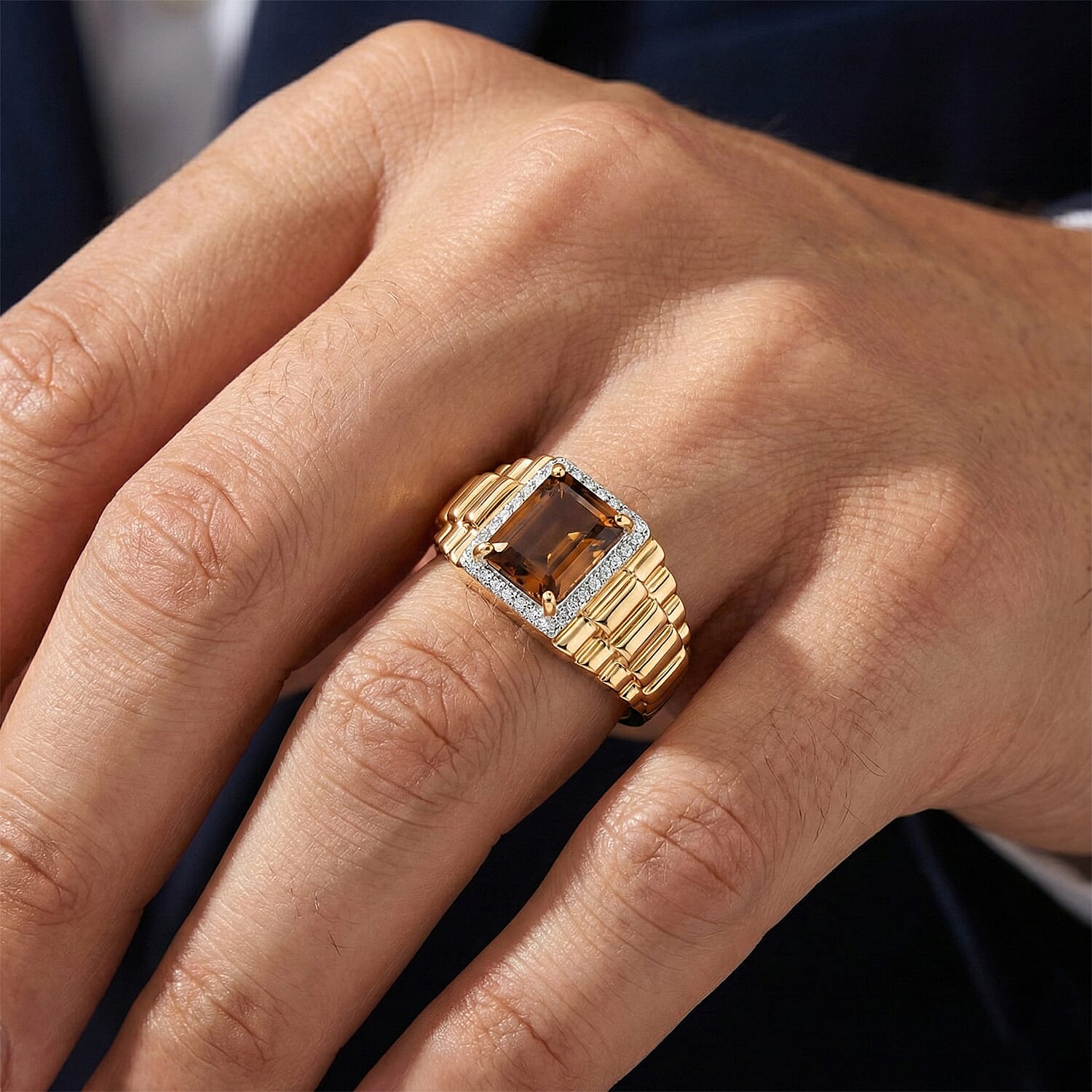 EverTrue Autumn Alexite and White Zircon 2.65 ctw Men's Ring in 18K YG Plated (Size 10.0)