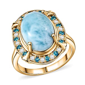 D'Joy AAA Larimar and Multi Gemstone 7.40 ctw Whispering Tide Halo Ring in 18K Vermeil Yellow Gold Over Sterling Silver (Size 10.0)