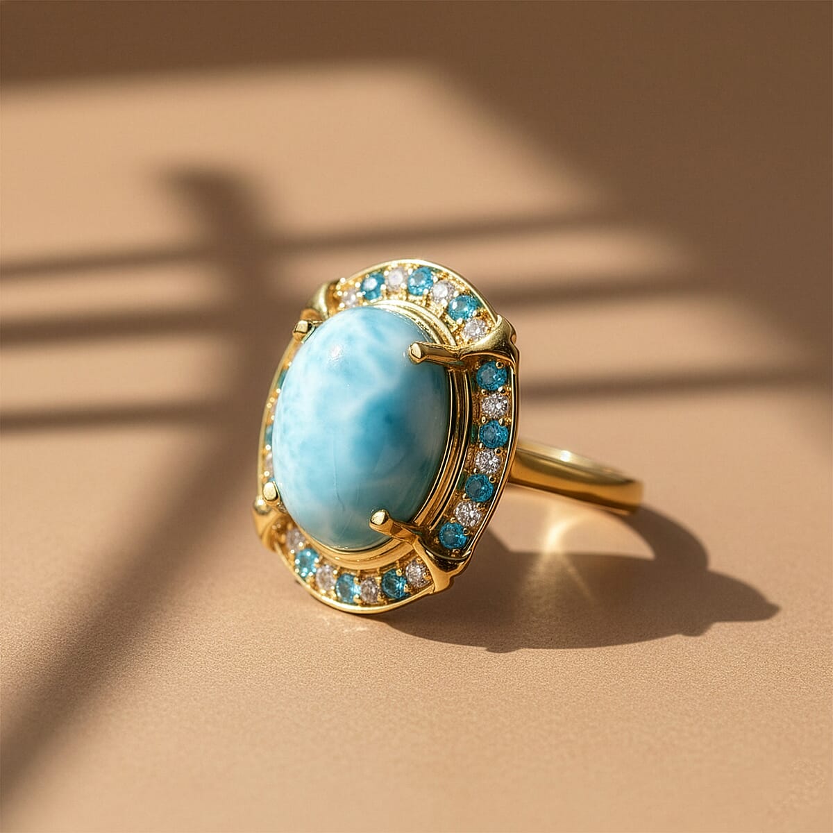 D'Joy AAA Larimar and Multi Gemstone 7.40 ctw Whispering Tide Halo Ring in 18K Vermeil Yellow Gold Over Sterling Silver (Size 10.0) image number 1