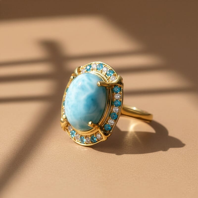 D'Joy AAA Larimar and Multi Gemstone 7.40 ctw Whispering Tide Halo Ring in 18K Vermeil Yellow Gold Over Sterling Silver (Size 10.0)