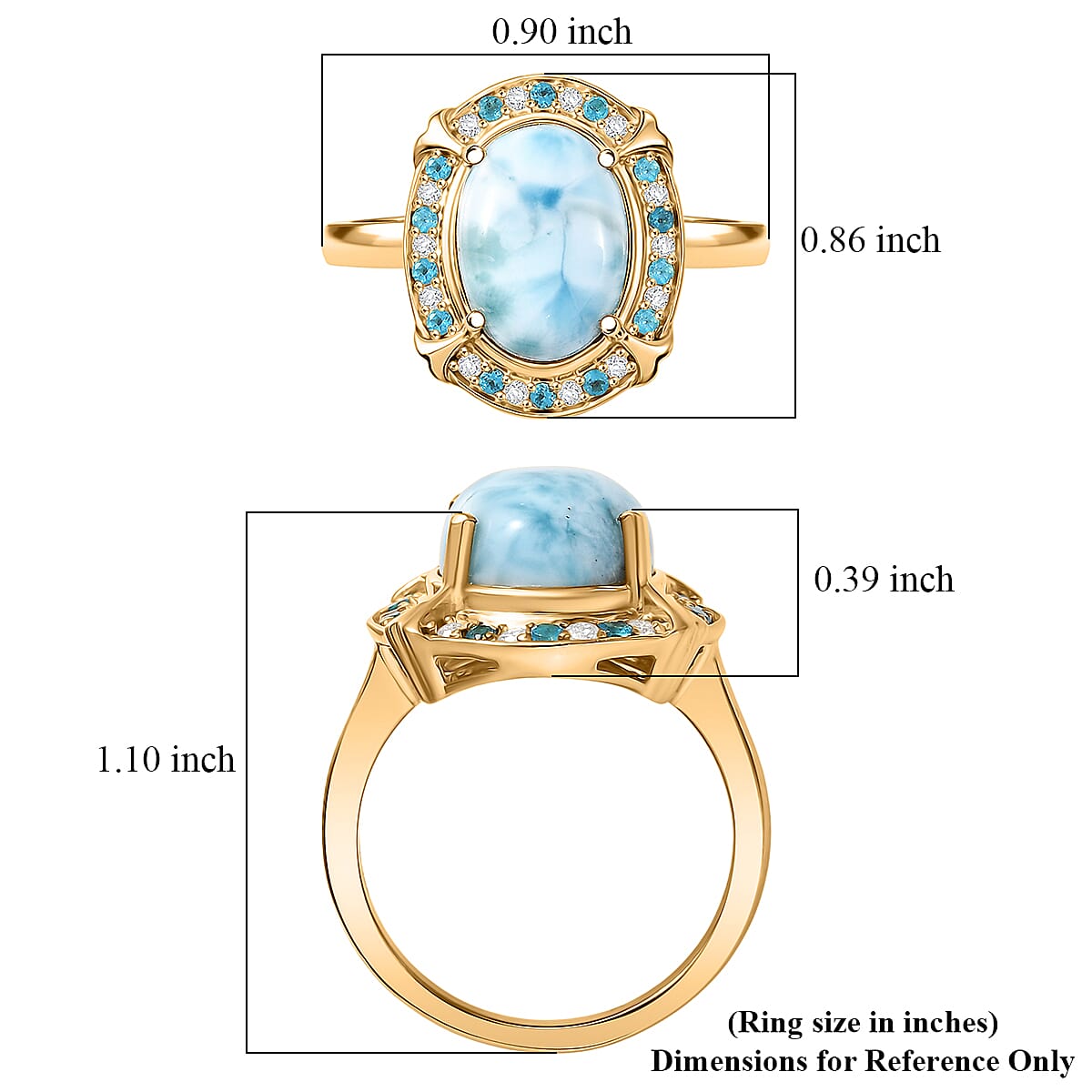 D'Joy AAA Larimar and Multi Gemstone 7.40 ctw Whispering Tide Halo Ring in 18K Vermeil Yellow Gold Over Sterling Silver (Size 10.0)