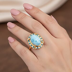 D'Joy AAA Larimar and Multi Gemstone 7.40 ctw Whispering Tide Halo Ring in 18K Vermeil Yellow Gold Over Sterling Silver (Size 7.0)