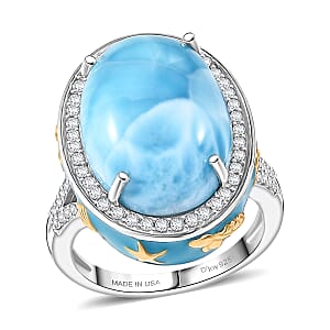 D'Joy AAA Larimar and Moissanite 14.25 ctw Secrets of the Sea Ring in 18K Vermeil YG and Rhodium Over Sterling Silver (Size 10.0)