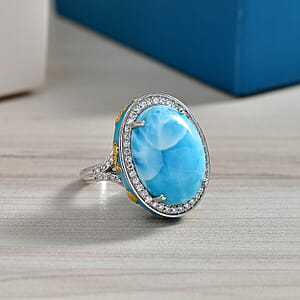D'Joy AAA Larimar and Moissanite 14.25 ctw Secrets of the Sea Ring in 18K Vermeil YG and Rhodium Over Sterling Silver (Size 10.0)