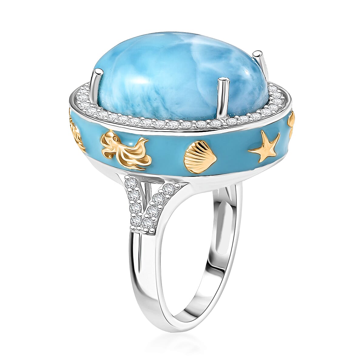 D'Joy AAA Larimar and Moissanite 14.25 ctw Secrets of the Sea Ring in 18K Vermeil YG and Rhodium Over Sterling Silver (Size 10.0)