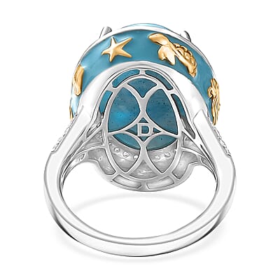 D'Joy AAA Larimar and Moissanite 14.25 ctw Secrets of the Sea Ring in 18K Vermeil YG and Rhodium Over Sterling Silver (Size 10.0)