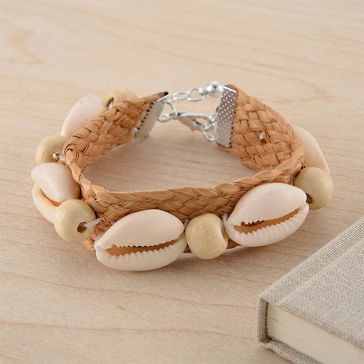 White Shell Pearl, Wooden Rattan Bracelet (7.50 In) image number 1