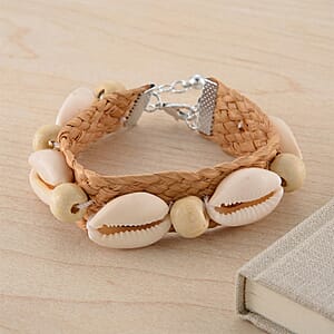 White Shell Pearl, Wooden Rattan Bracelet (7.50 In)