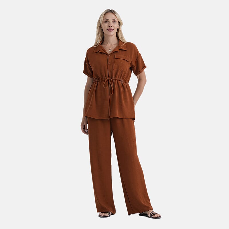 La Marey Brown 2 Piece Solid Color Pant Set with Top-L