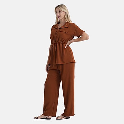 La Marey Brown 2 Piece Solid Color Pant Set with Top-L
