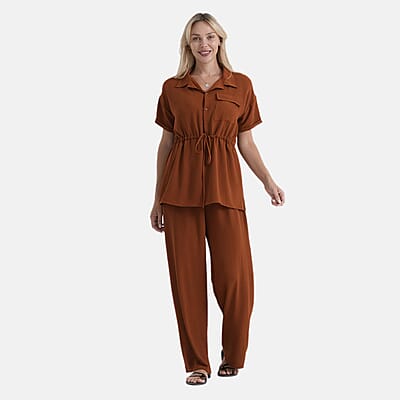 La Marey Brown 2 Piece Solid Color Pant Set with Top-L