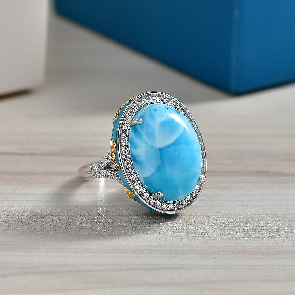 D'Joy AAA Larimar and Moissanite 14.25 ctw Secrets of the Sea Ring in 18K Vermeil YG and Rhodium Over Sterling Silver (Size 6.0) image number 1