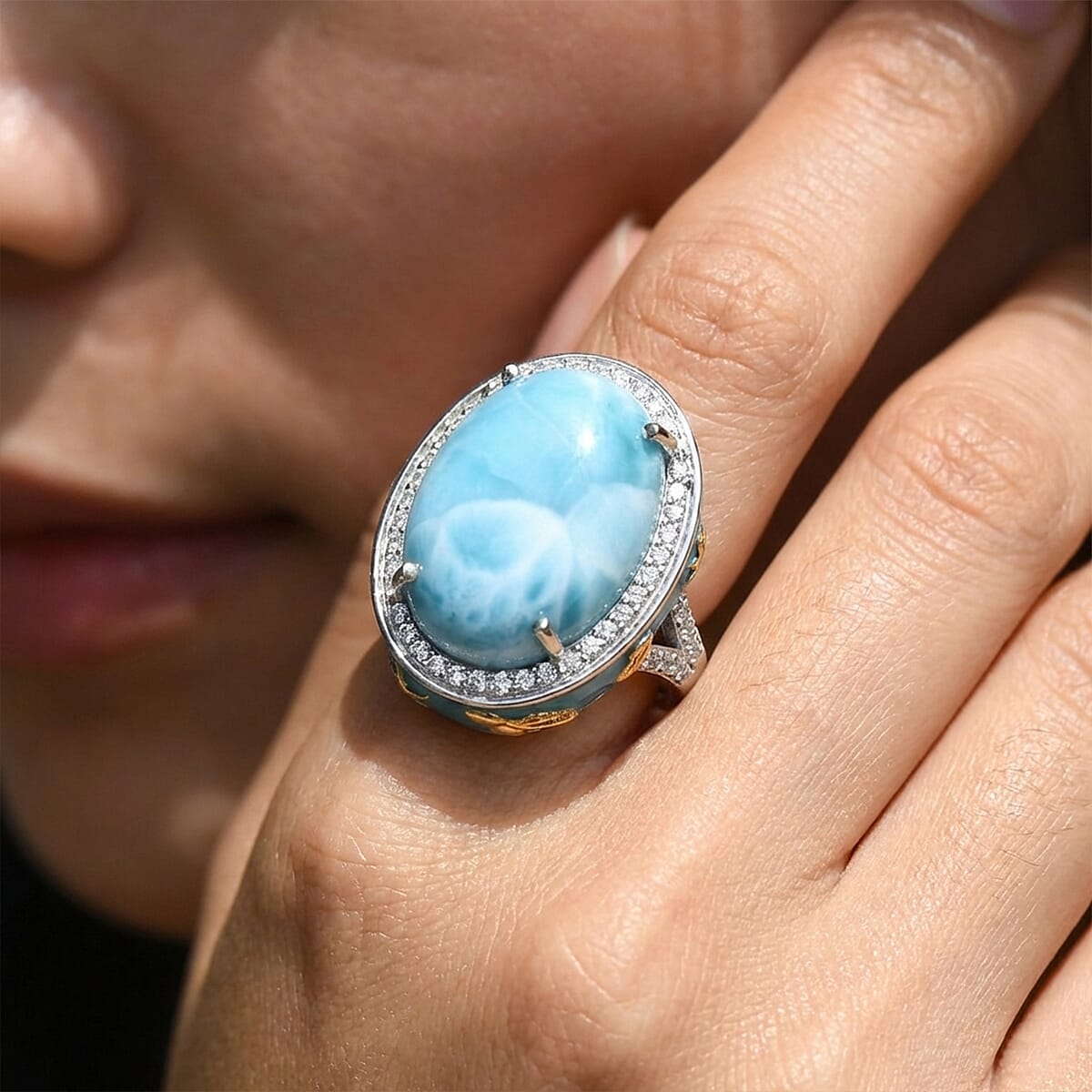 D'Joy AAA Larimar and Moissanite 14.25 ctw Secrets of the Sea Ring in 18K Vermeil YG and Rhodium Over Sterling Silver (Size 6.0) image number 2