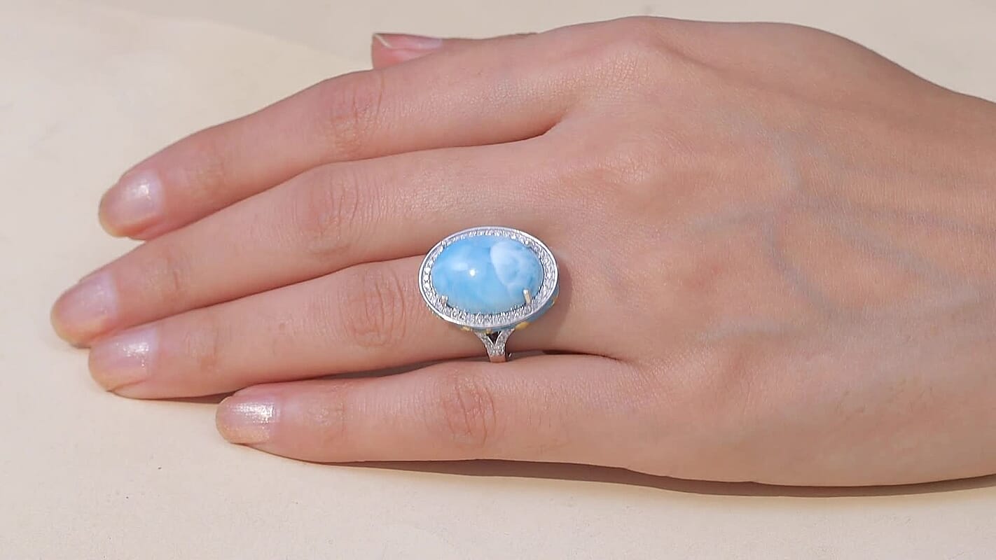 D'Joy AAA Larimar, Moissanite Secrets of the Sea Ring in 18K Vermeil YG and Rhodium Over Sterling Silver (Size 10.0) 14.25 ctw