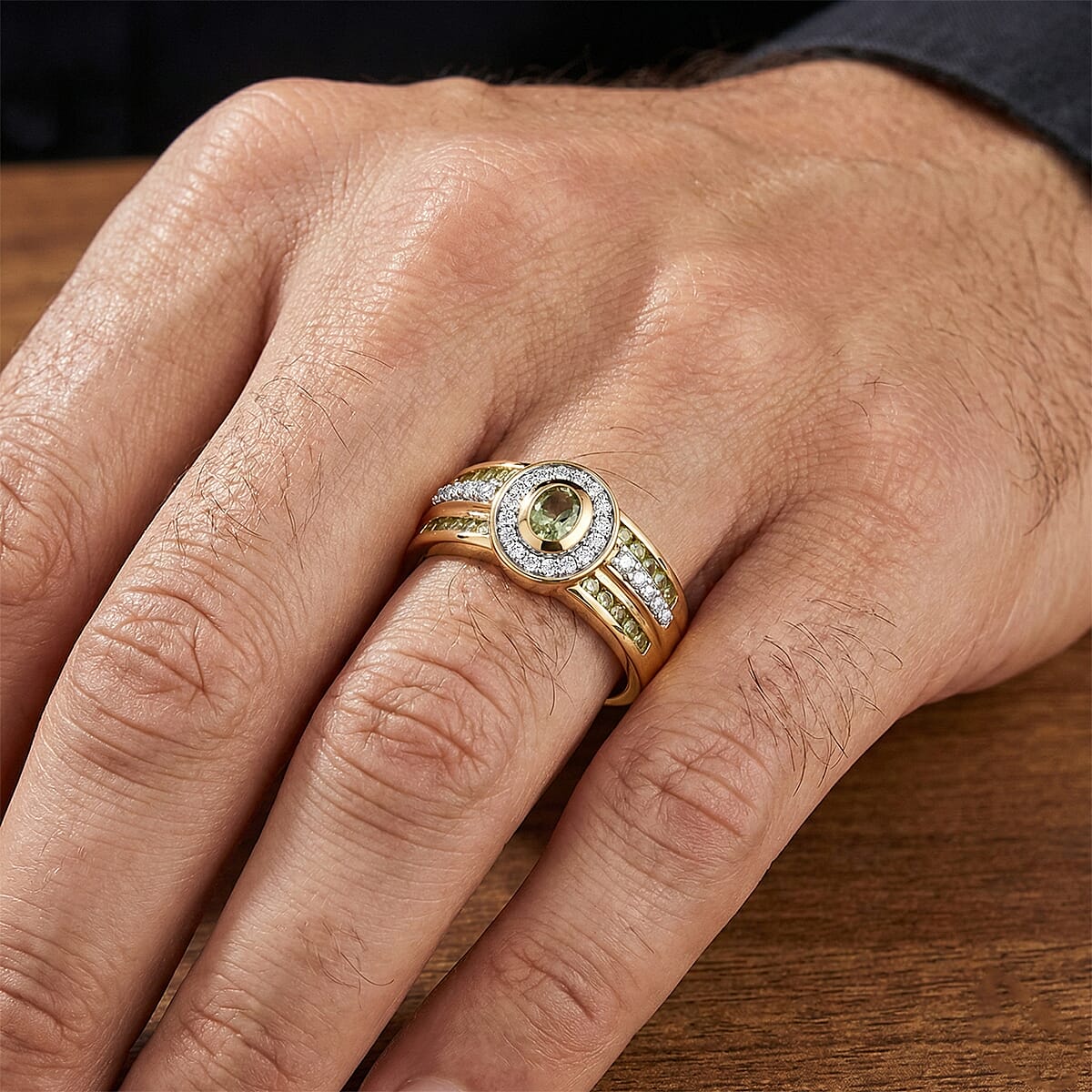 D'Joy Premium Tanzanian Mint Garnet and Moissanite 1.20 ctw Men's Ring in 18K Vermeil Yellow Gold Over Sterling Silver (Size 12.0) image number 2