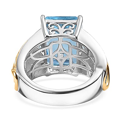 EverTrue Skyblue Topaz Main Stone With Side Stone Ring in 18K YG Plated and Platinum Bond (Size 11.0) 7.64 ctw
